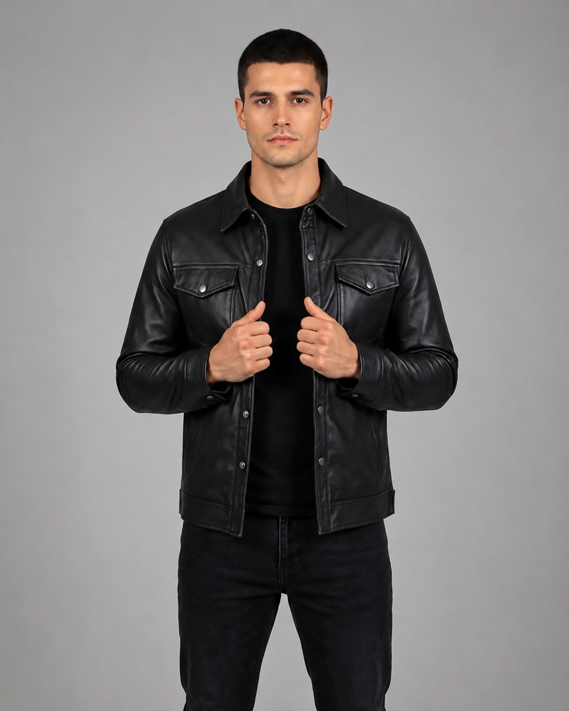 Men's Leather Shirt Classic Trucker Style Oliver Nova Black