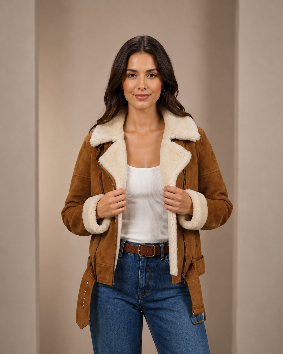 Women’s Sheepskin Aviator Pilot Jacket – Dynamo Tan White