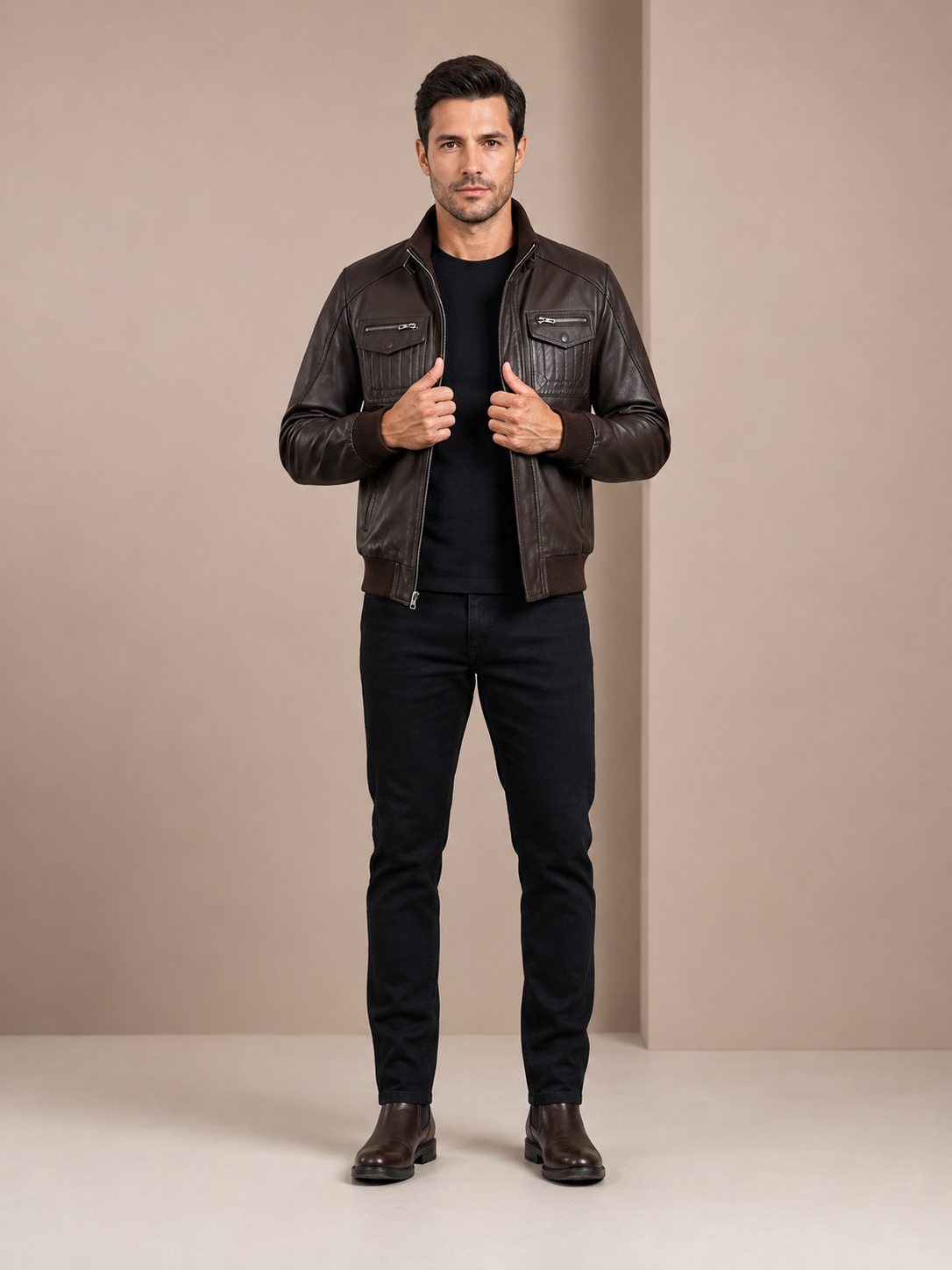Men’s Leather Bomber Flight Jacket – Tom Zenith Brown