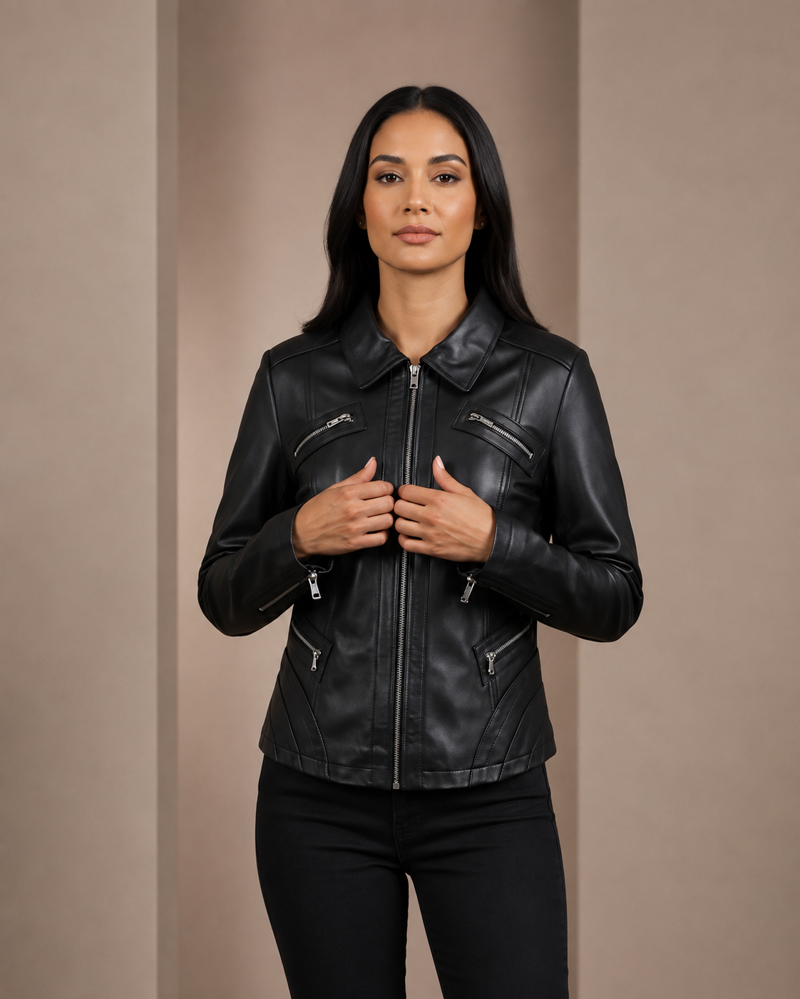 Women’s Classic Leather Biker Zip Box Jacket – Nova Black