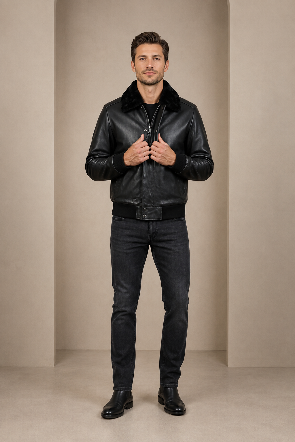 Men’s Leather Bomber Pilot Jacket with Removable Collar – Leroy Nova Black