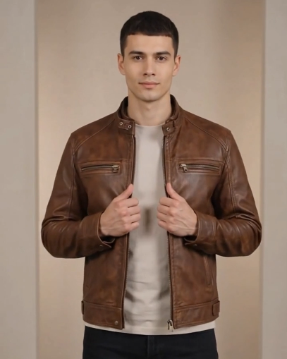 Men’s Cafe Racer Leather Jacket – Zenith Brown