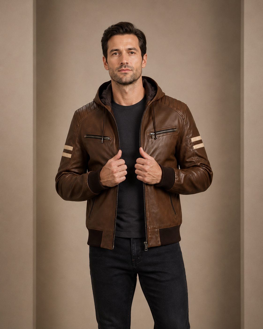 Men's Real Leather Bomber Zip up Detachable Hoodie Jacket Dallas Cognac