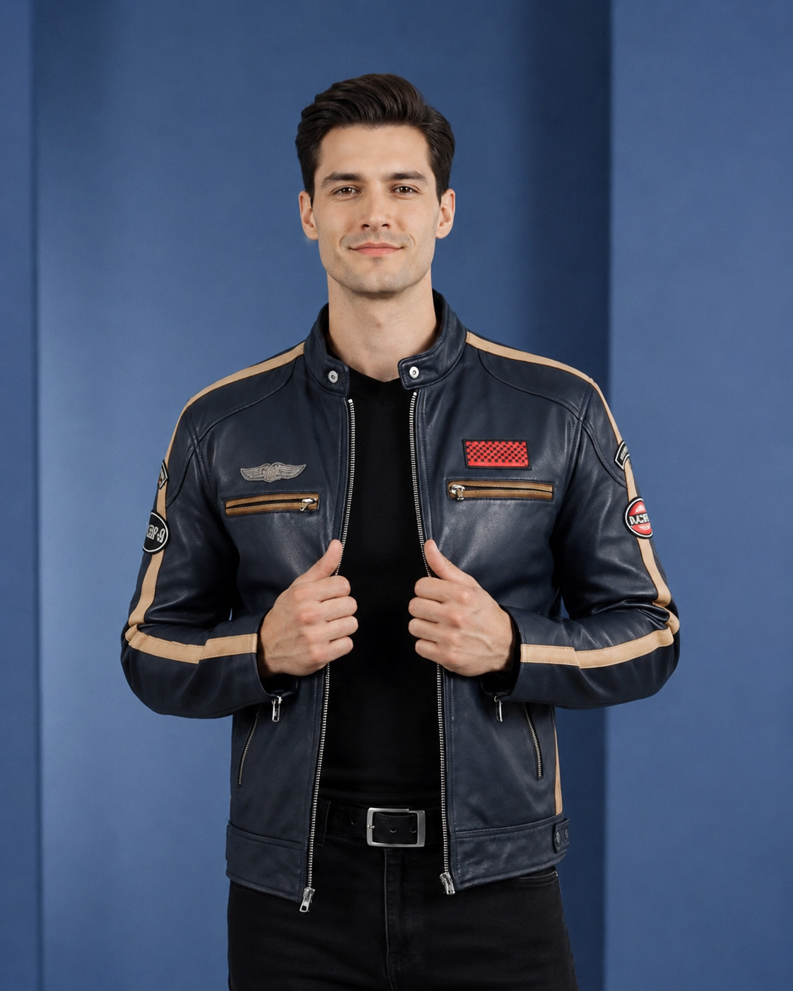 Men’s Real Leather Cafe Racer Biker Jacket with Badges – Luna Navy