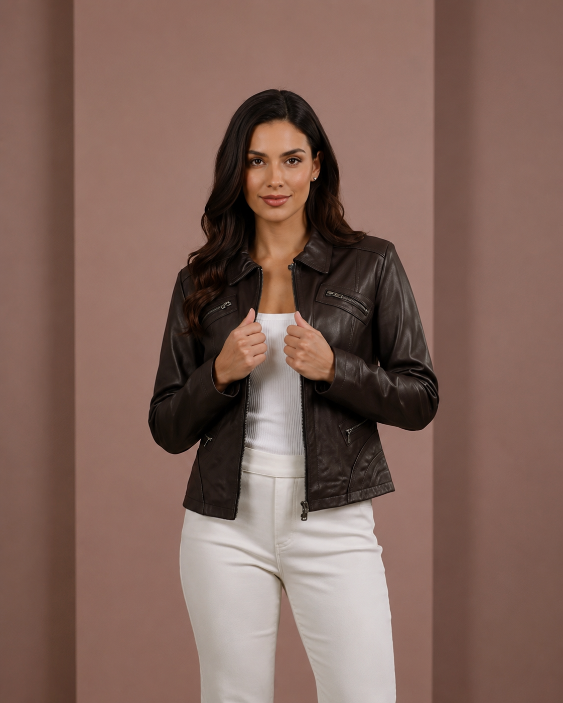Women’s Classic Leather Biker Zip Box Jacket – Zenith Brown