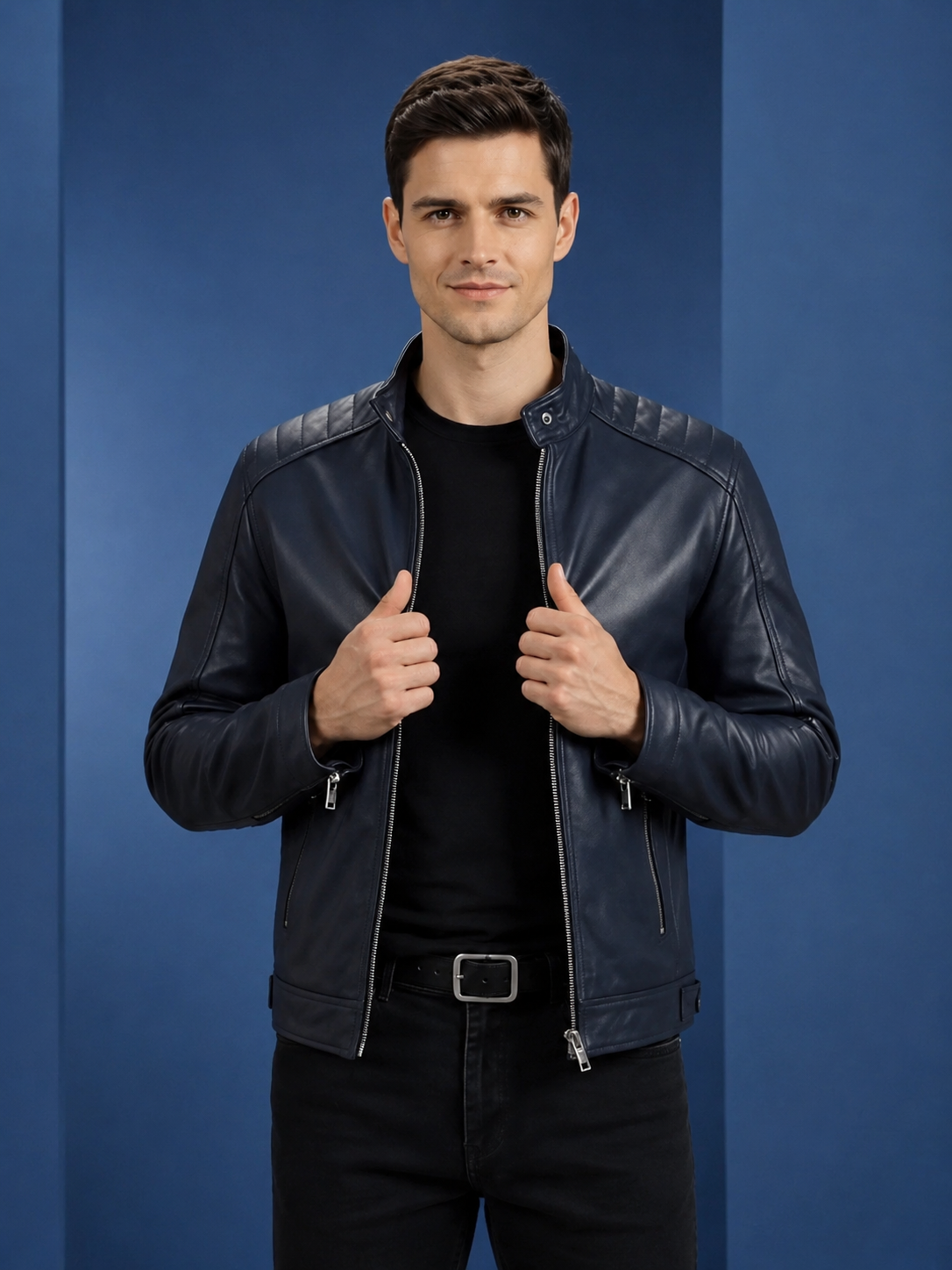 Men’s Real Leather Biker Jacket Archie – Luna Navy Blue