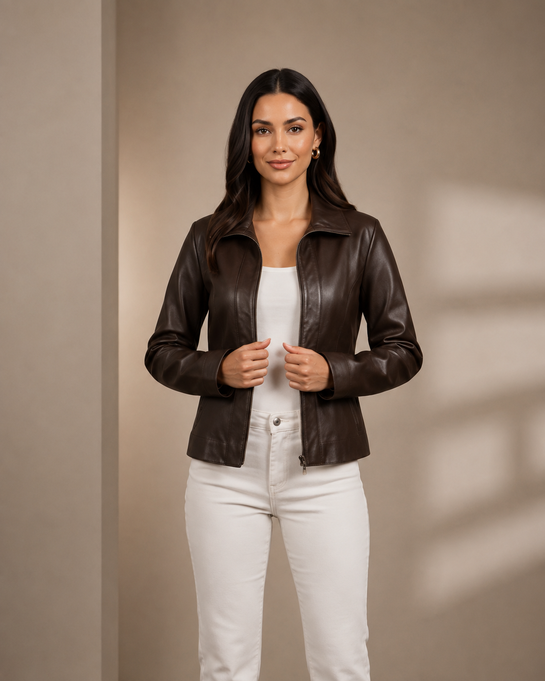 Women’s Classic Zip-Fastening Leather Jacket – Julia Zenith Brown