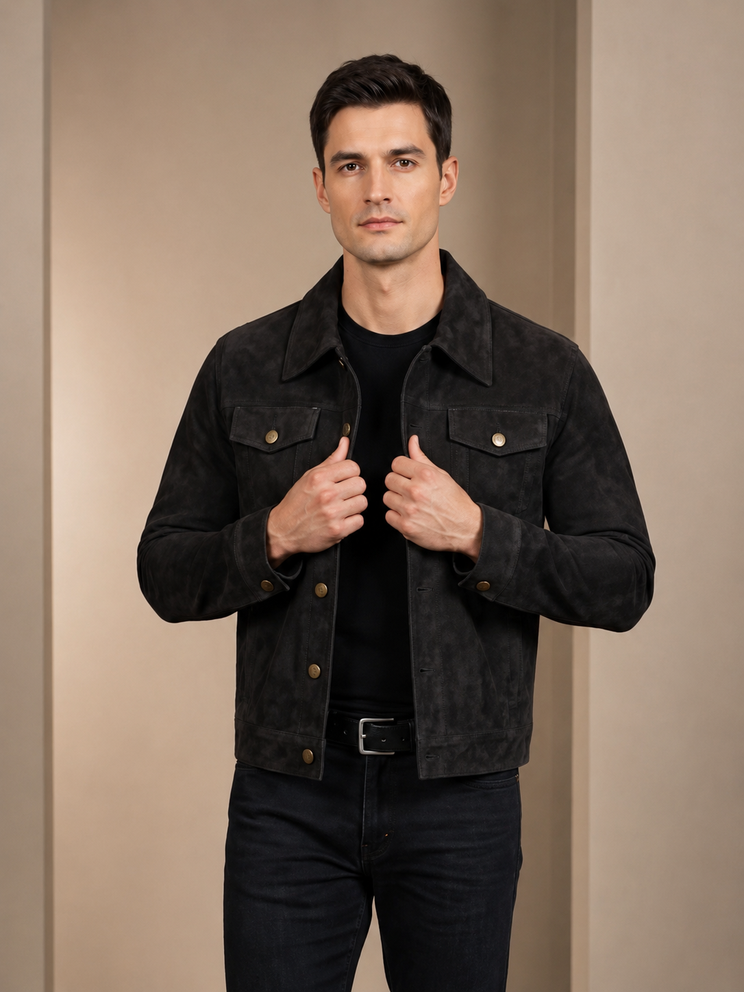 Men's Real Suede Trucker Harrington Jacket Daryl Nova Black