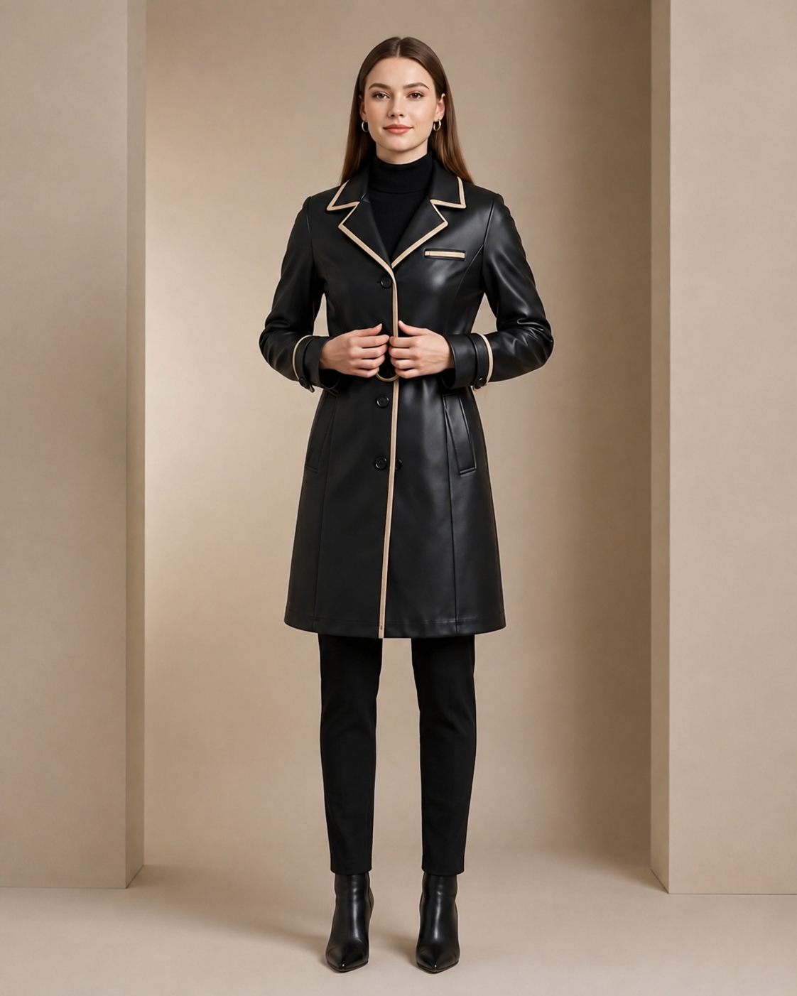 Midnight Luxe ¾ Leather Coat — Noir Beige