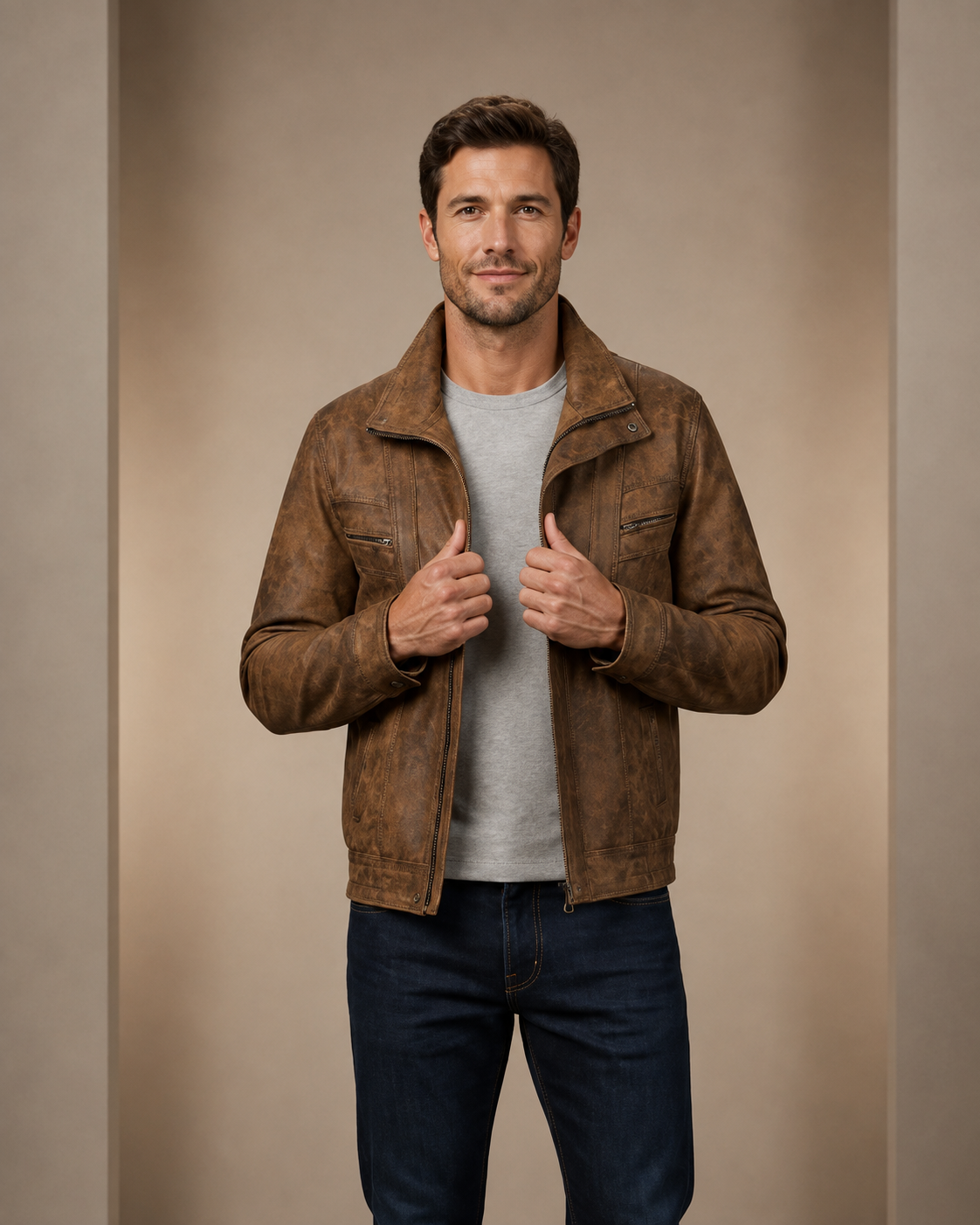 Men's Leather Bomber Blouson Jacket Robert Zenith Brown