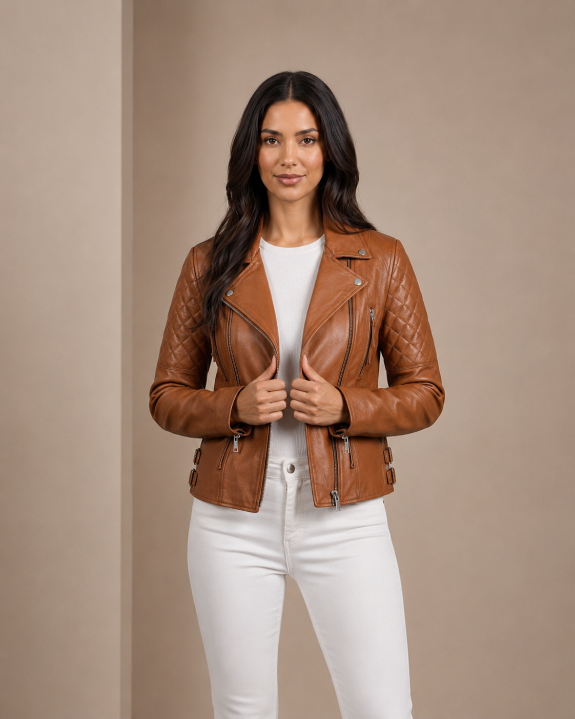 Women’s Cross Zip Biker Leather Jacket – Claudia Celestial Cognac