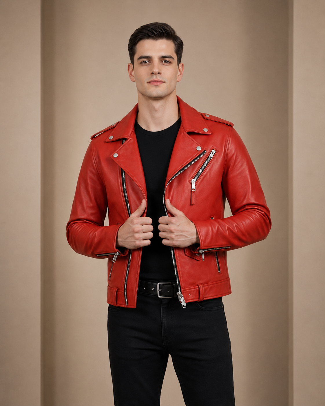 Men’s Heavy-Duty Leather Biker Brando Jacket – Ignite Red