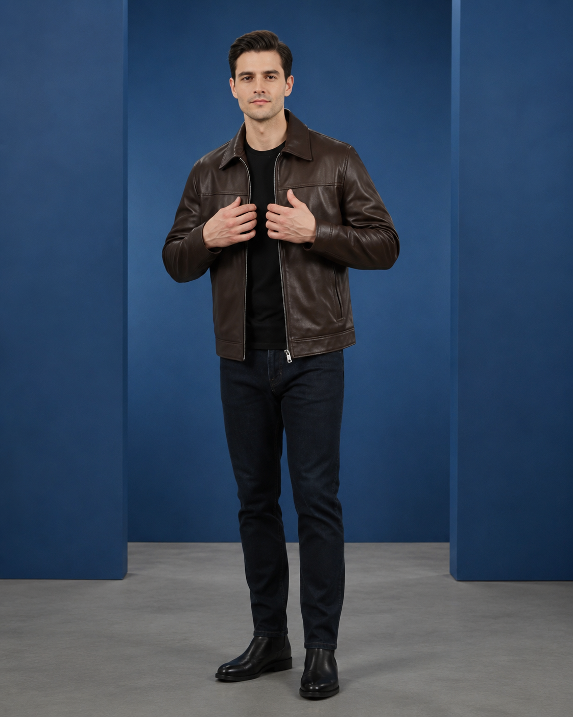 Men’s Leather Zip-Front Harrington Jacket James – Zenith Brown