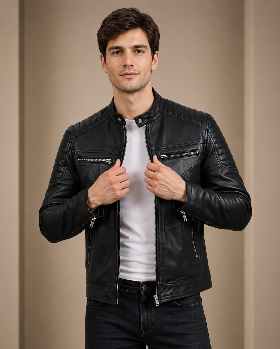 Mens Leather Biker Style Zip Jacket Eddie Essence Nova Black