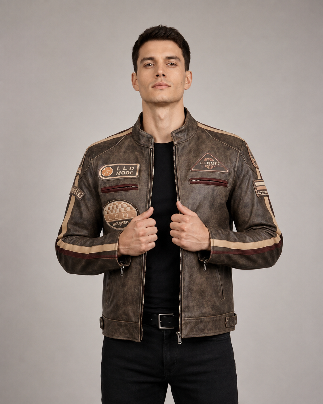 Men’s Biker Leather Jacket with Badges – Zenith Brown