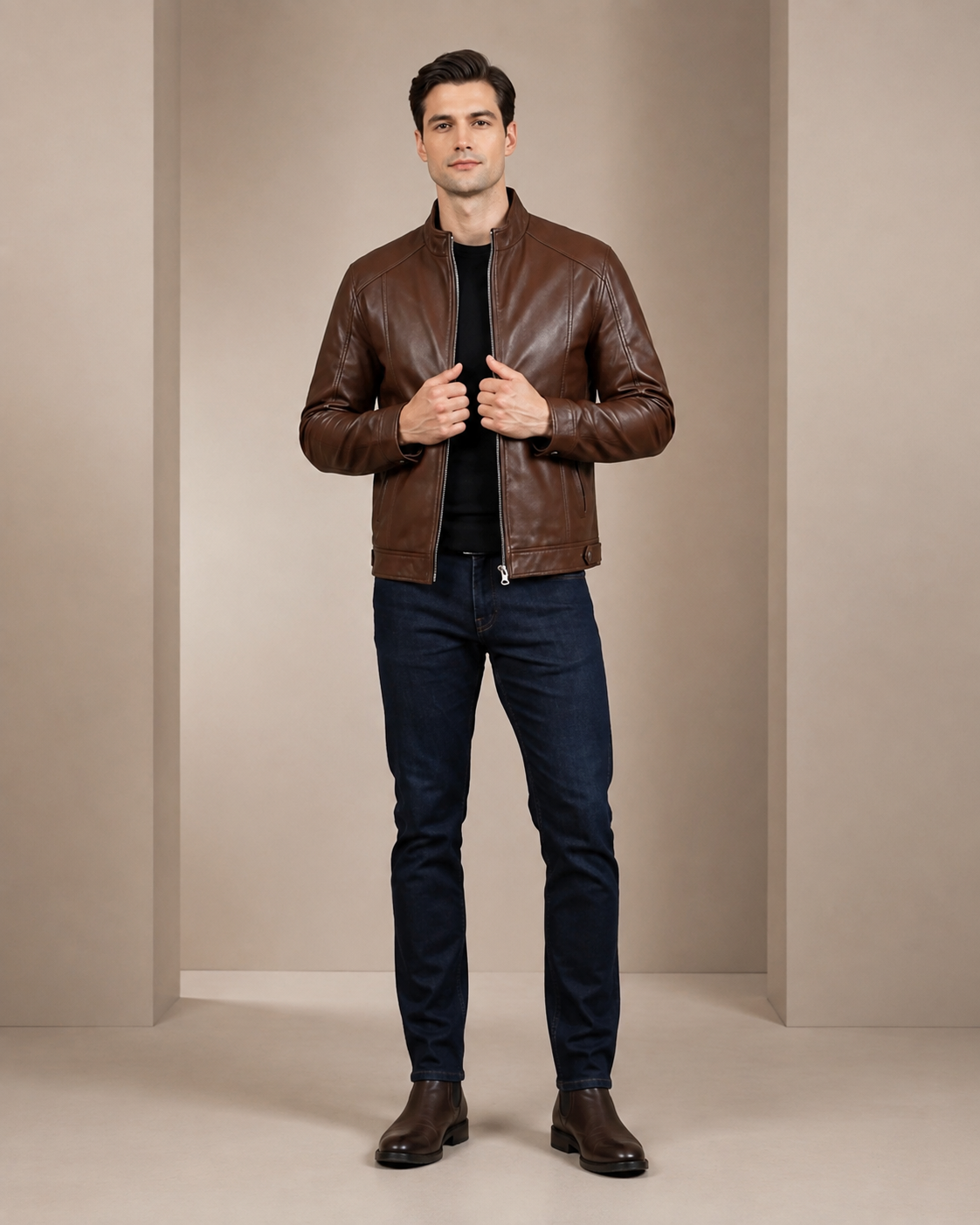 Men's Standing Collar Leather Jacket Tony Zenith Brown