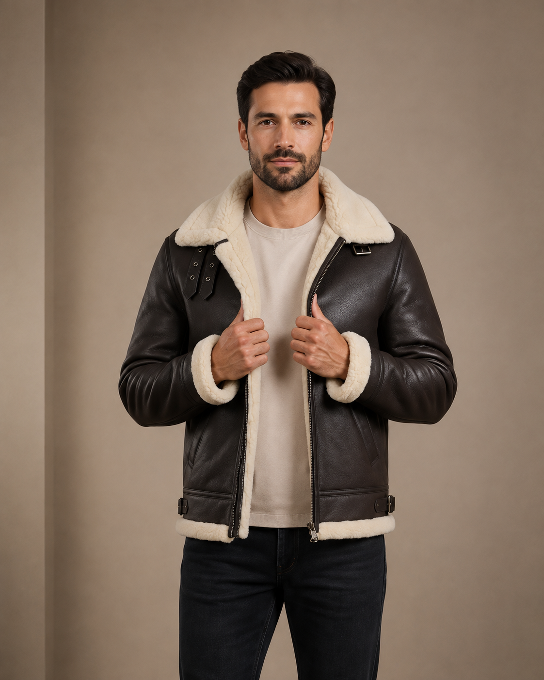 Men's Top Gun Style Sheepskin Jacket Oscar Zenith Brown White