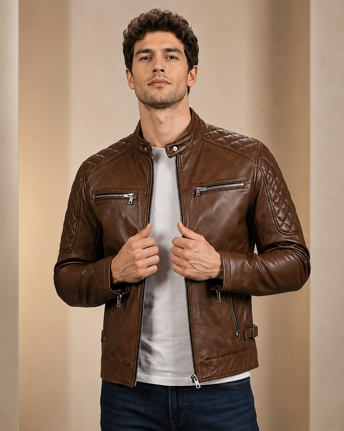 Men’s Leather Biker Jacket with Quilted Detail – Fusion Timber