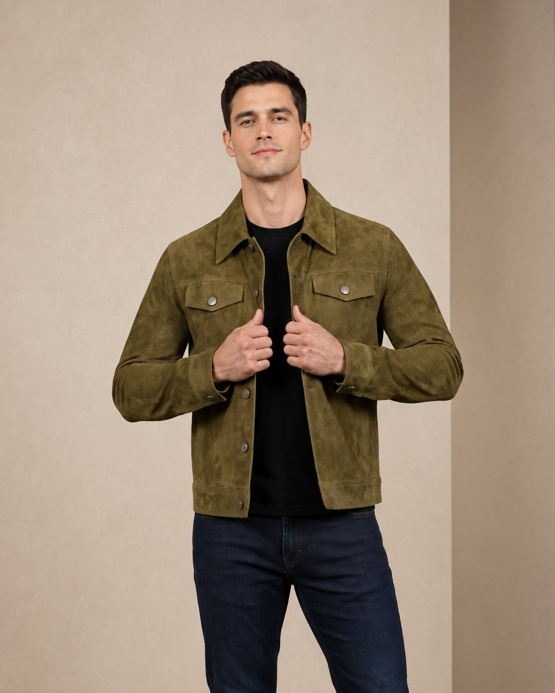 Men's Real Suede Trucker Harrington Jacket Daryl Aurora Green