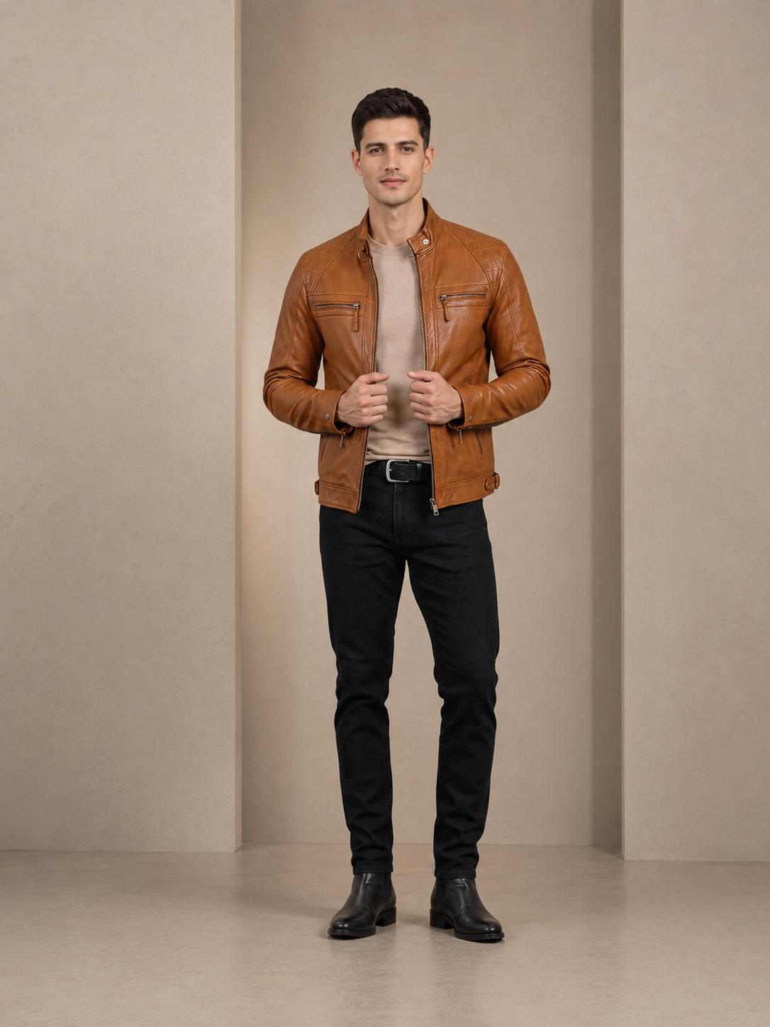 Men’s Biker Leather Jacket with Standing Collar Bowie – Dynamo Tan