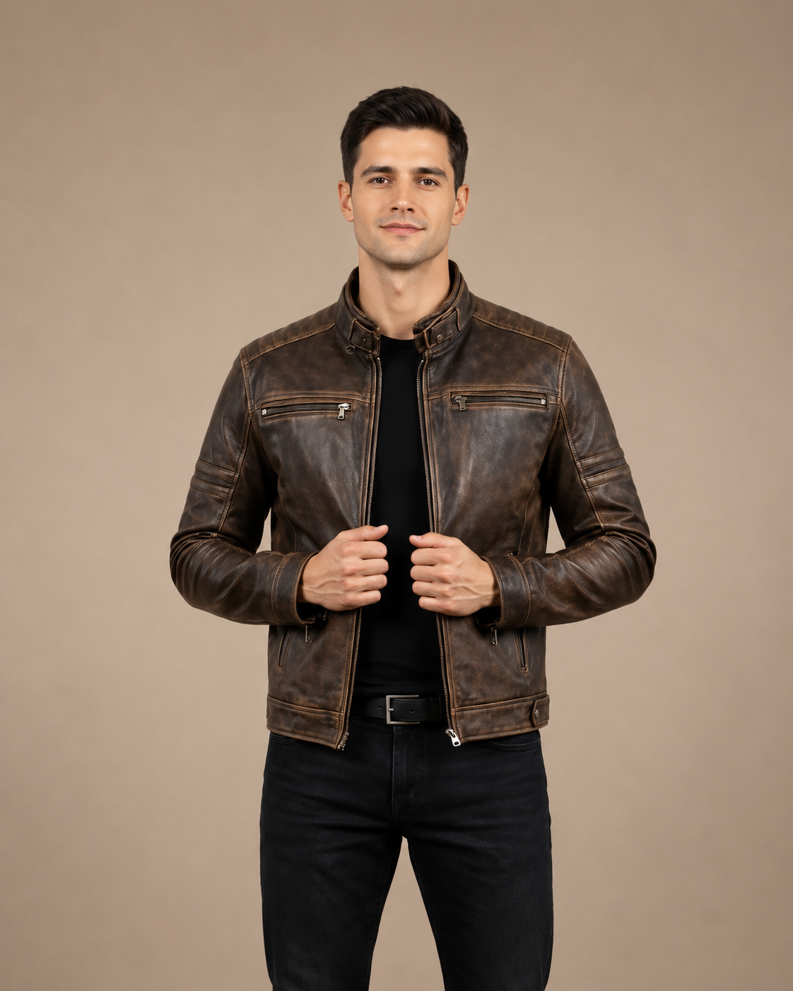 Men's Real Leather Biker Jacket Vintage Paradox Rub Off Effect RICKY