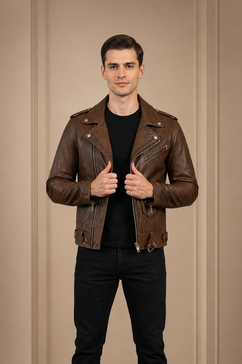 Men’s Heavy-Duty Leather Biker Brando Jacket – Zenith Brown