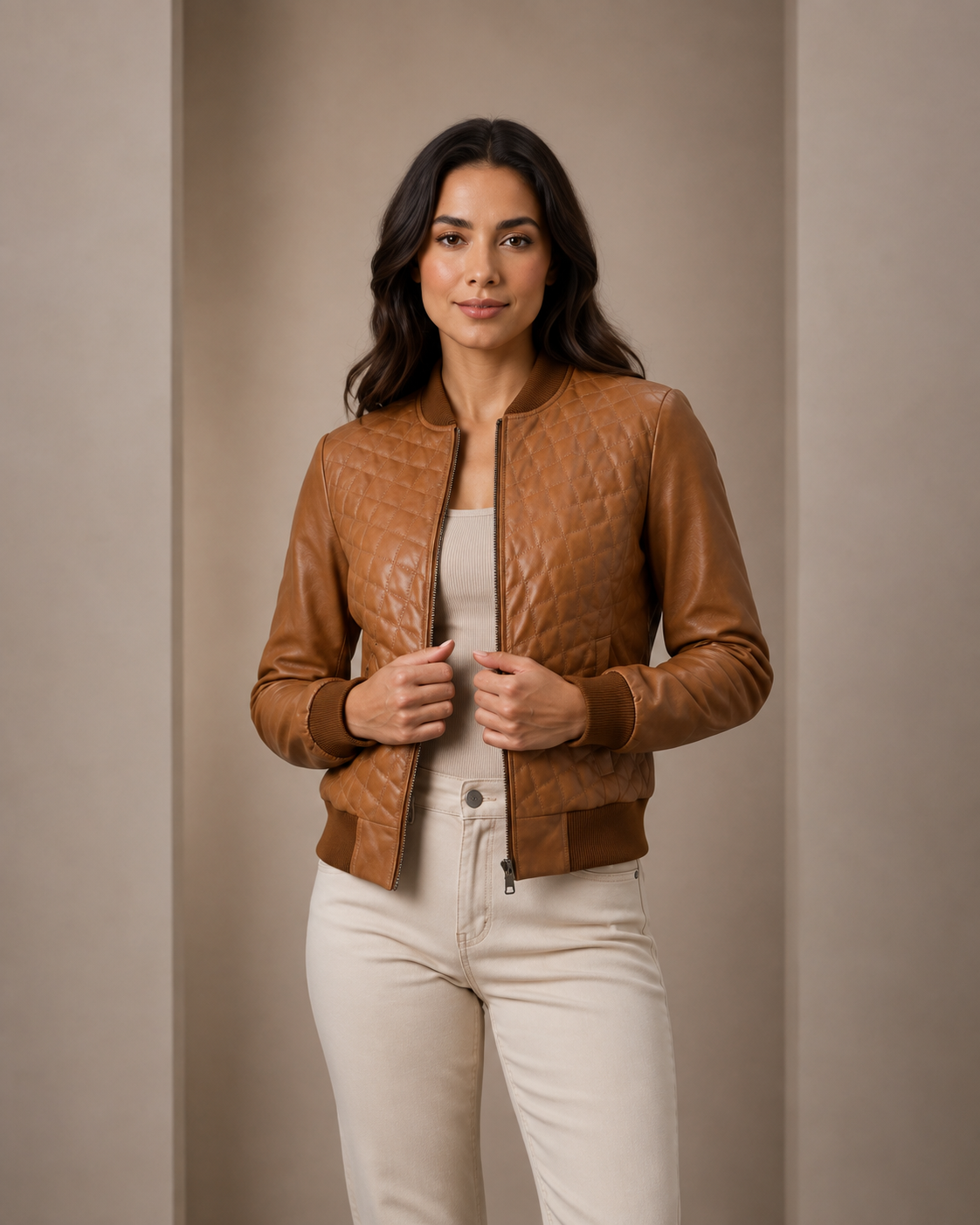 Women’s Leather Varsity Quilted Bomber Jacket – Dynamo Tan