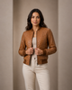 Women’s Leather Varsity Quilted Bomber Jacket – Dynamo Tan
