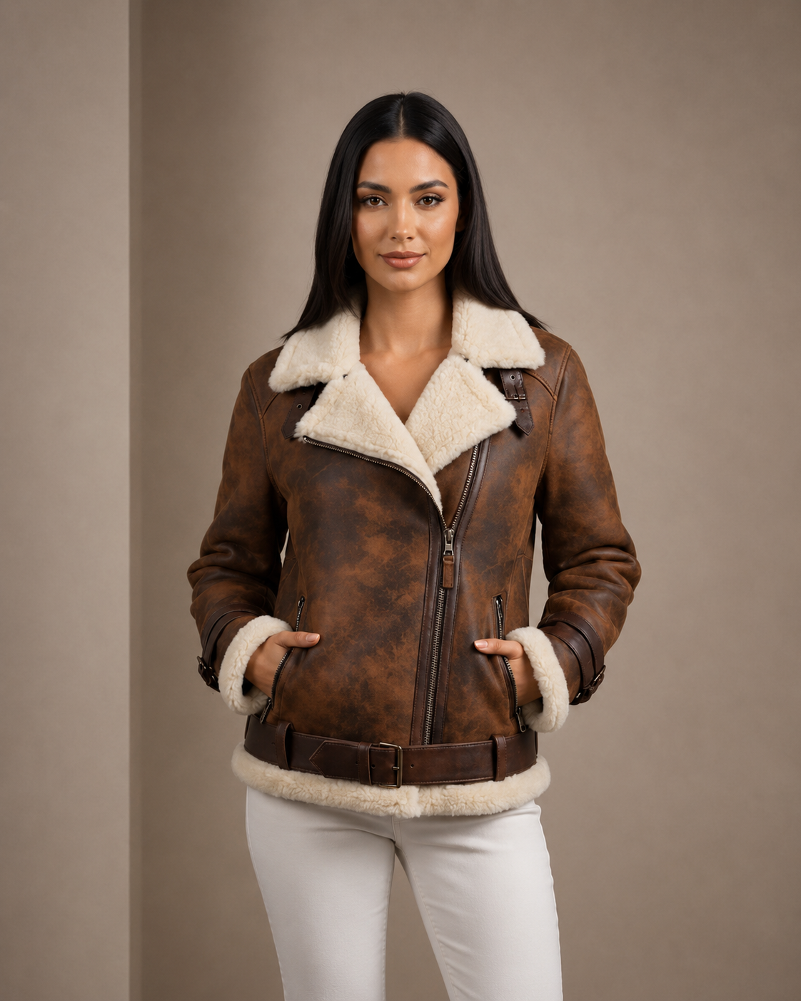 Women’s Sheepskin Aviator Cross-Zip Pilot Jacket – Zenith Vintage Brown