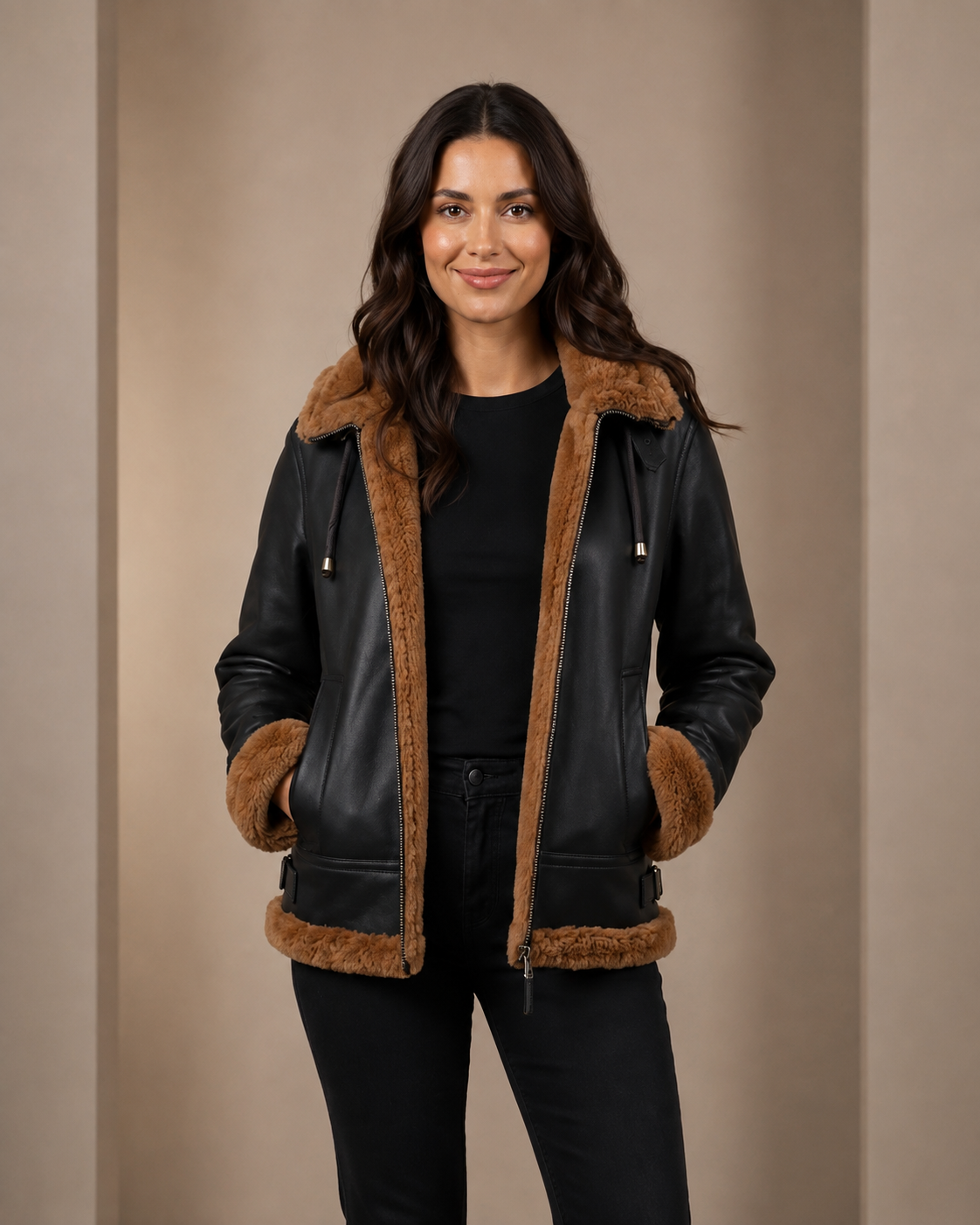 Women's Sheepskin B3 Detachable Hoodie Jacket Zenith Brown Ginger