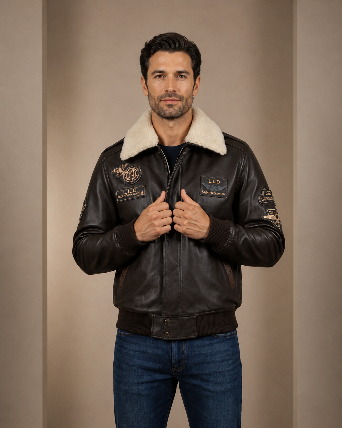 Men's Leather Jacket with Detachable Collar Pilot-N Zenith Brown