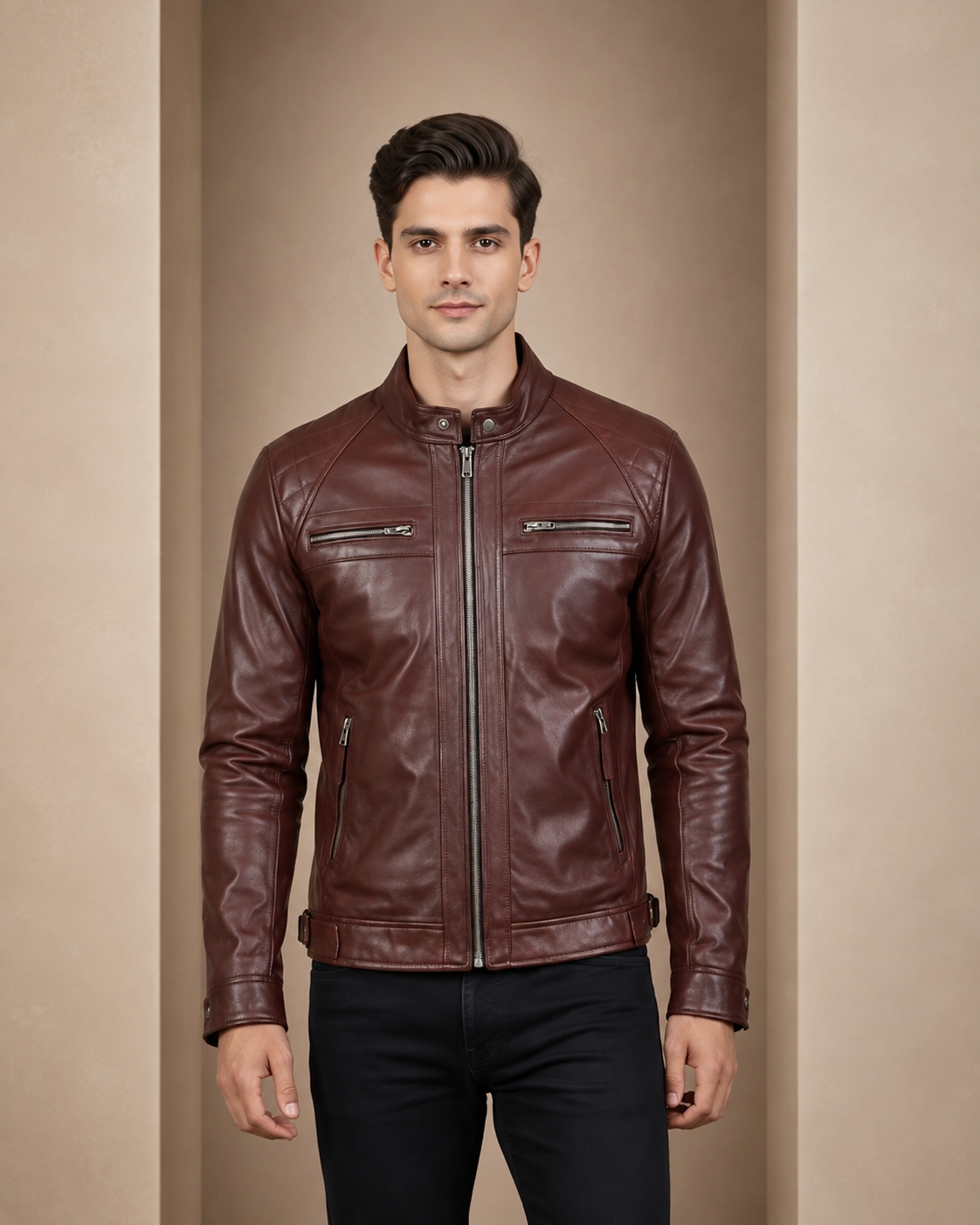 Men’s Biker Leather Jacket with Standing Collar – Infinite Burgundy