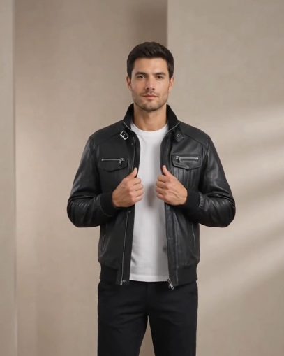 Men's Leather Bomber Flight Jacket Tom Nova Black