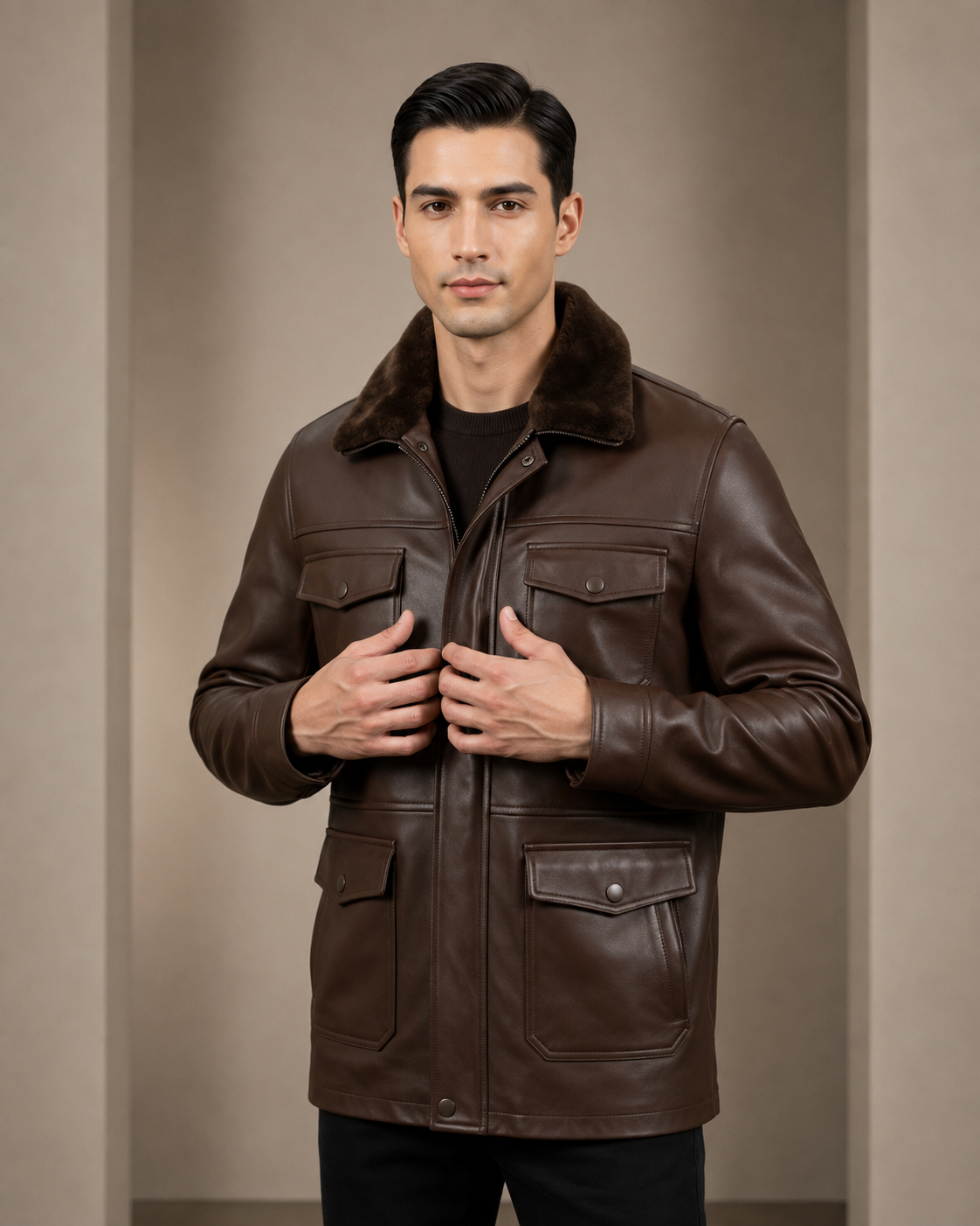 Men’s Shearling Lined Leather Field Coat