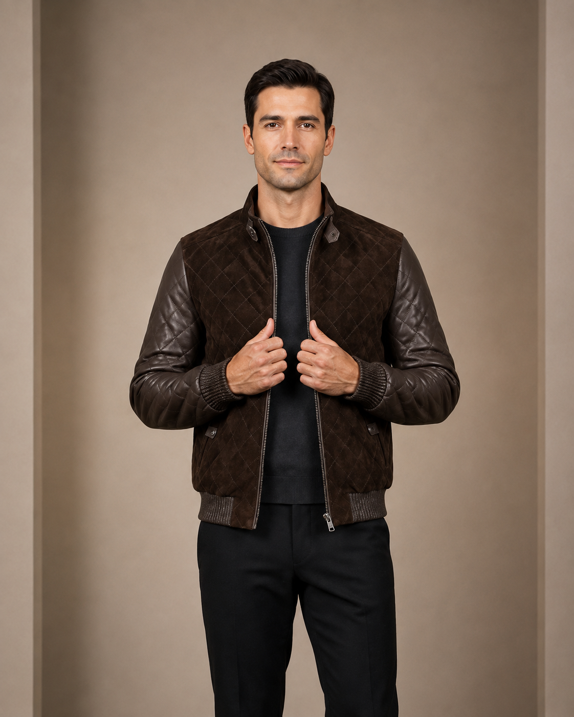 Men's Leather and Suede Bomber Varsity Jacket Bradley Zenith Brown
