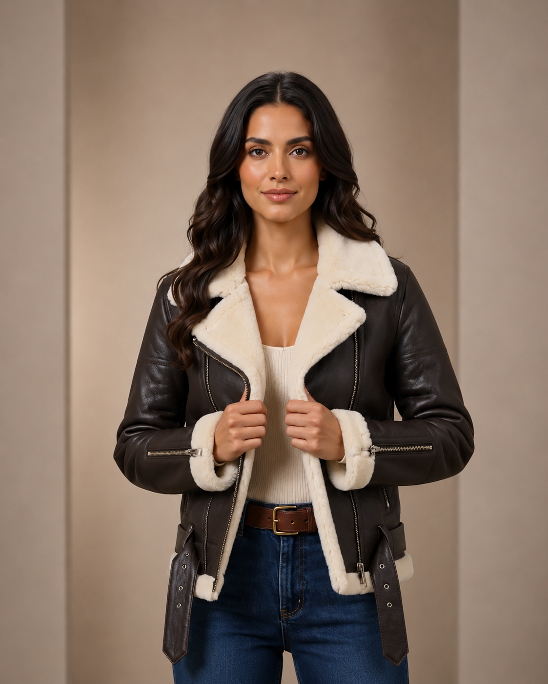 Women’s Sheepskin Aviator RAF Pilot Jacket – Zenith Brown White
