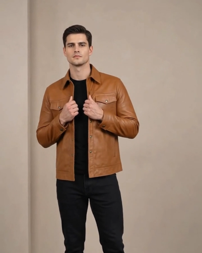 Men’s Leather Shirt Classic Trucker Style Oliver – Dynamo Tan
