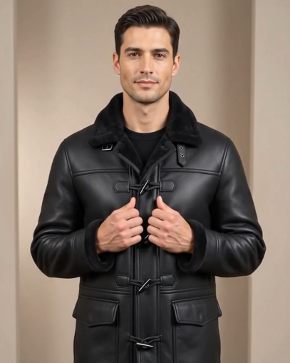 Midnight Harbor Men’s Hooded Shearling Duffle Coat
