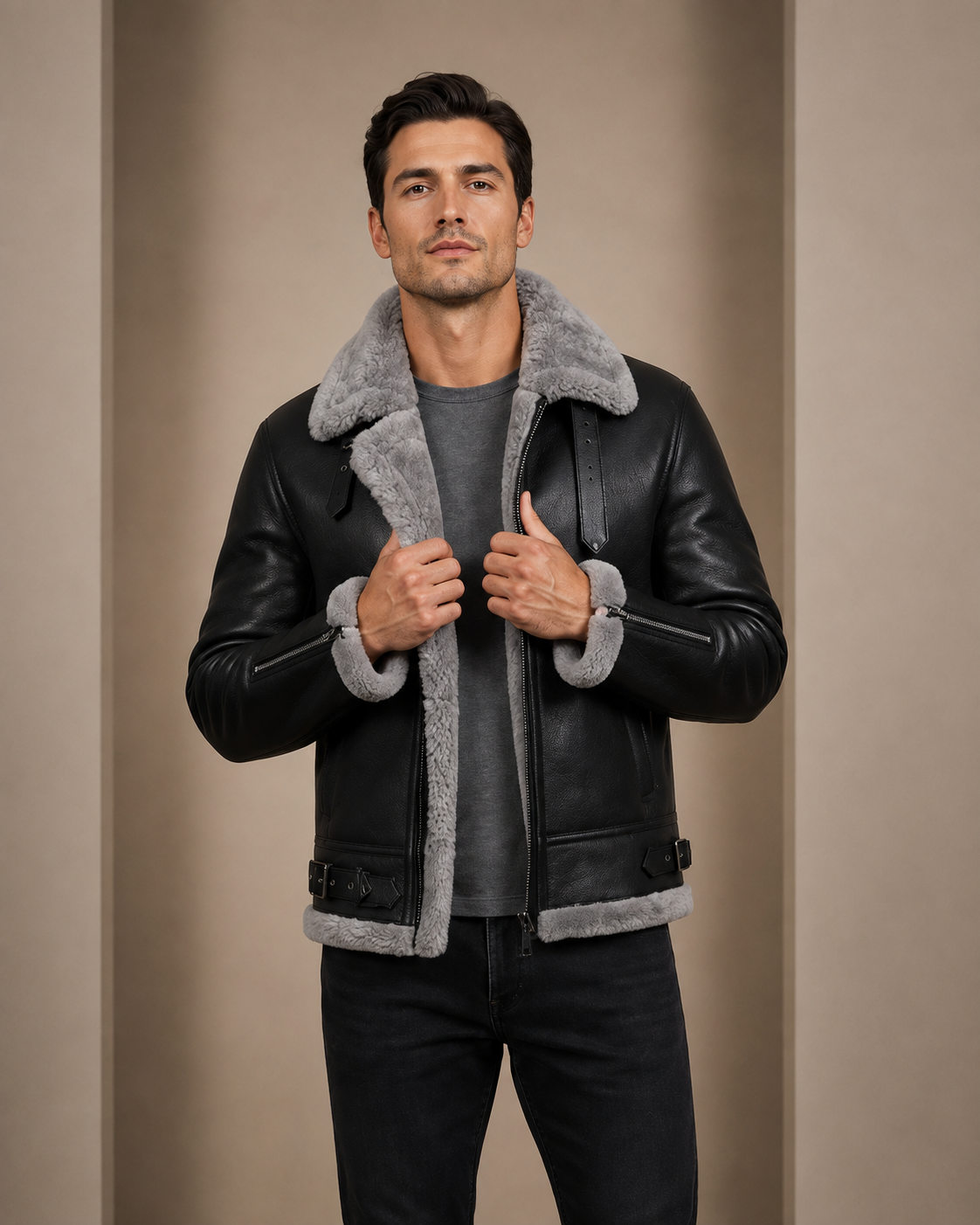 Men's Original RAF Flying Sheepskin Jacket Tyler Zenith Nova Black Grey