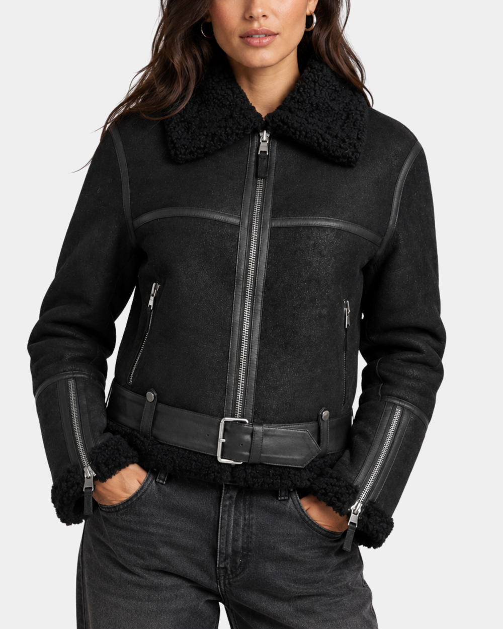 Women's Sheepskin Aviator RAF Pilot Jacket Nova Black - front view close up