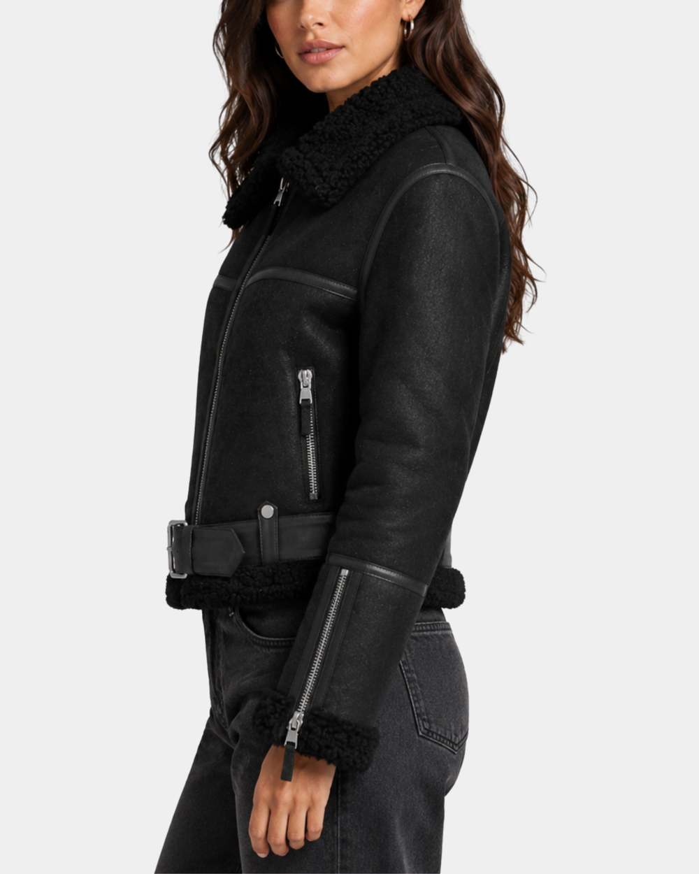 Women's Sheepskin Aviator RAF Pilot Jacket Nova Black - back view