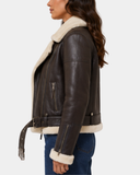 Women's Sheepskin Aviator RAF Pilot Jacket Zenith Brown White - side profile