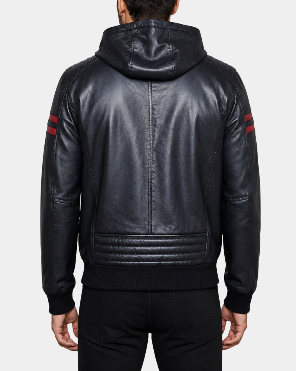 RAMMY Nova Black hooded leather bomber jacket back view