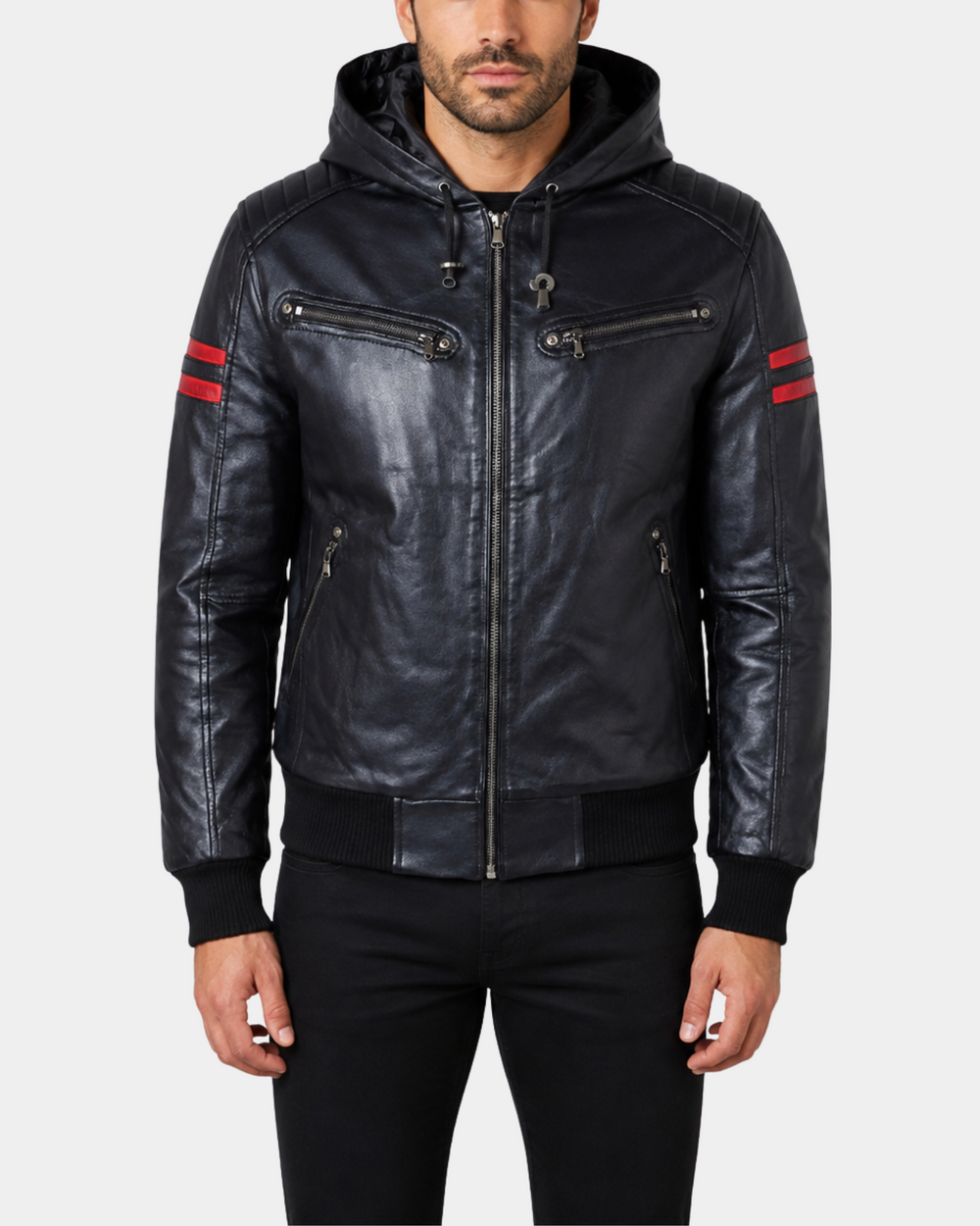 RAMMY Nova Black hooded leather bomber jacket closed front
