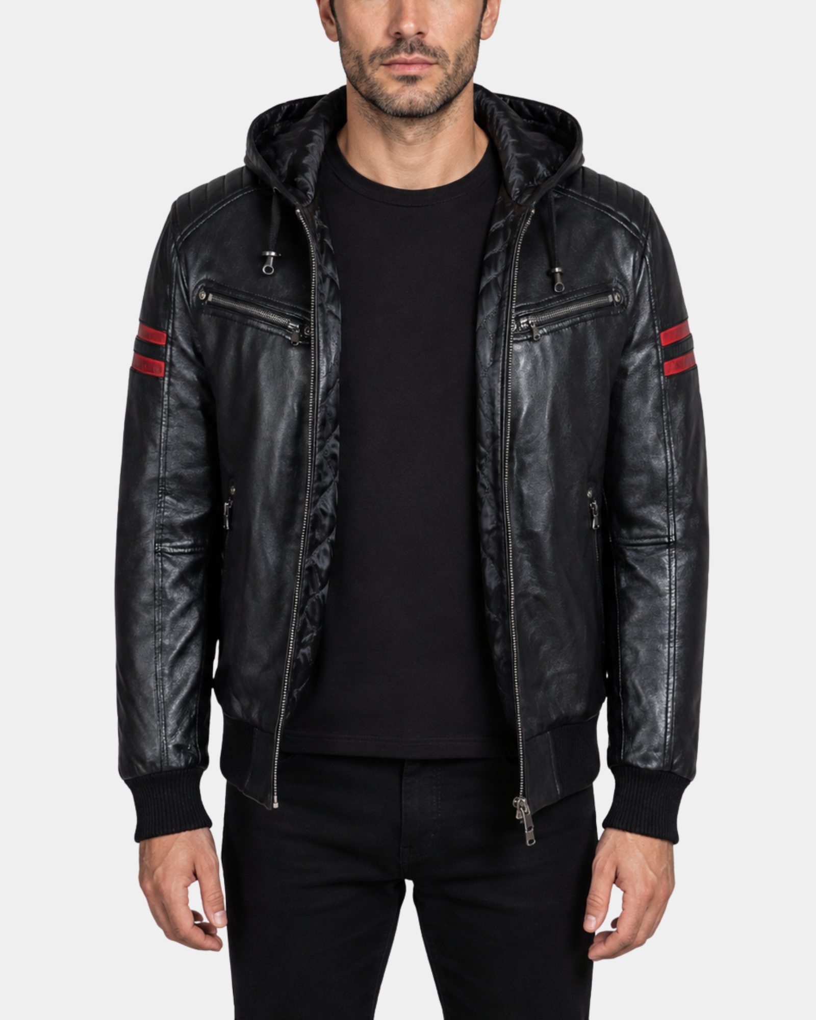 RAMMY Nova Black hooded leather bomber jacket open front