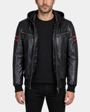 RAMMY Nova Black hooded leather bomber jacket open front