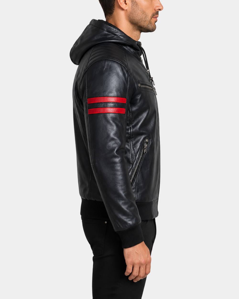 RAMMY Nova Black hooded leather bomber jacket side view