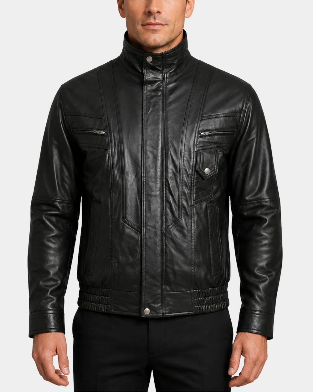 Men's Leather Bomber Blouson Jacket Robert Nova Black front closed