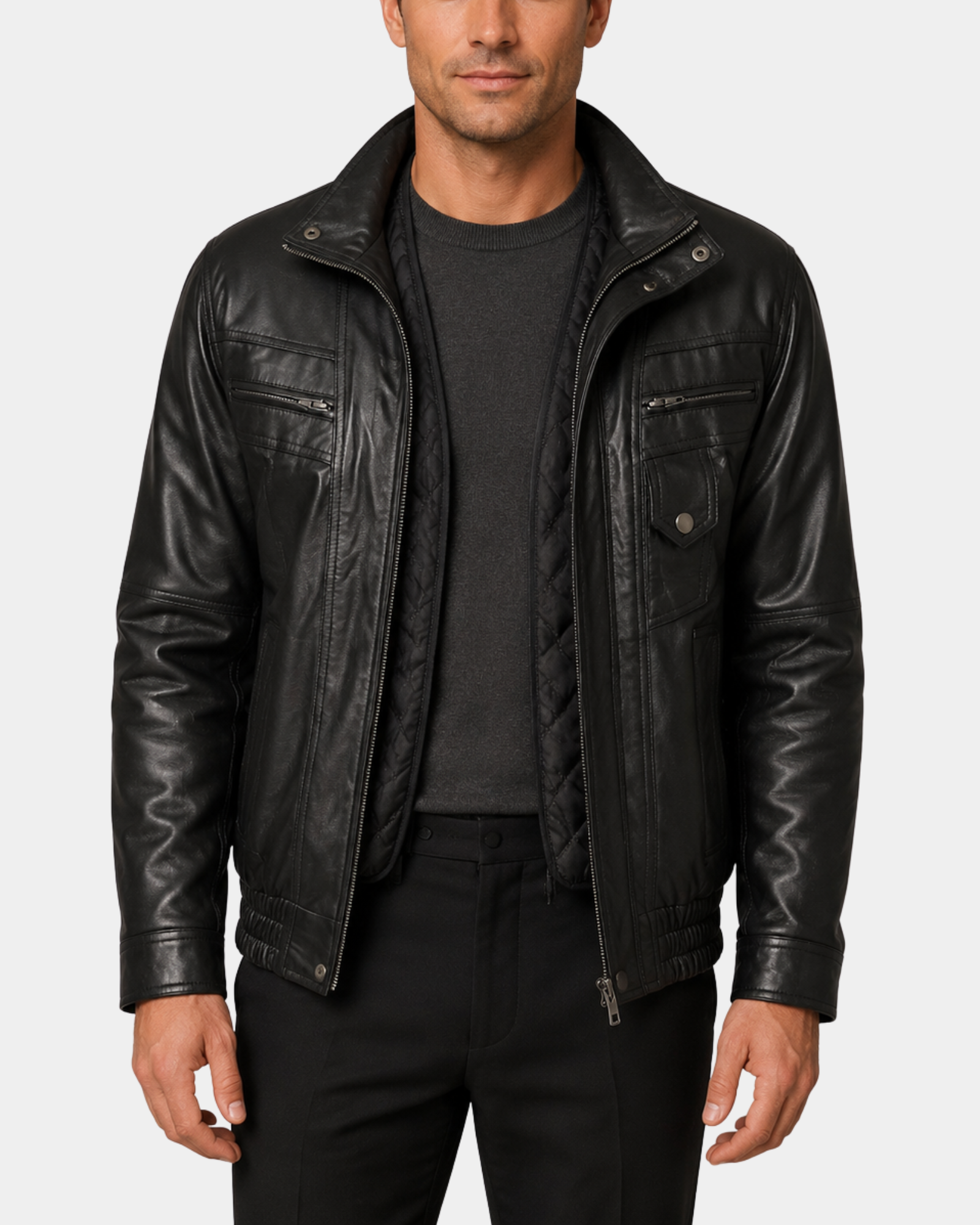 Men's Leather Bomber Blouson Jacket Robert Nova Black front open