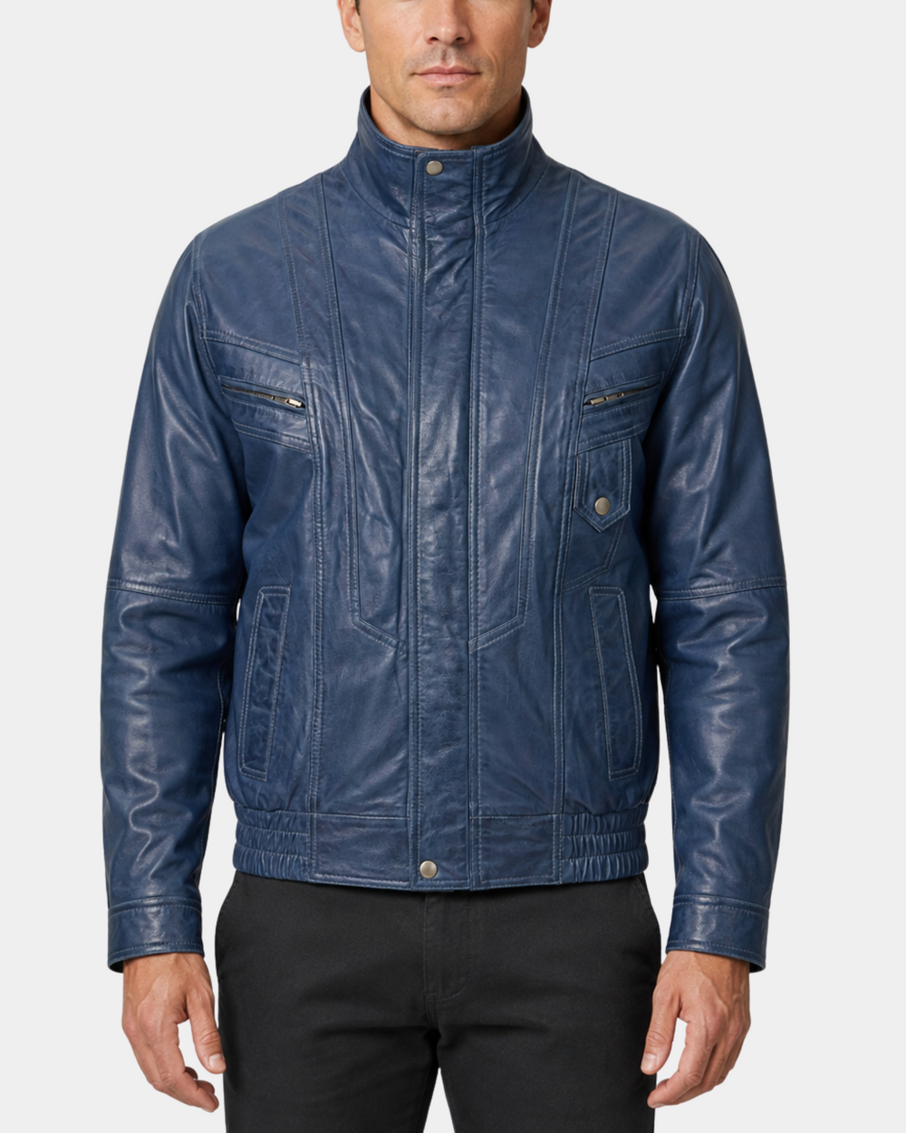 Men's Leather Bomber Blouson Jacket Robert Radient Blue front closed